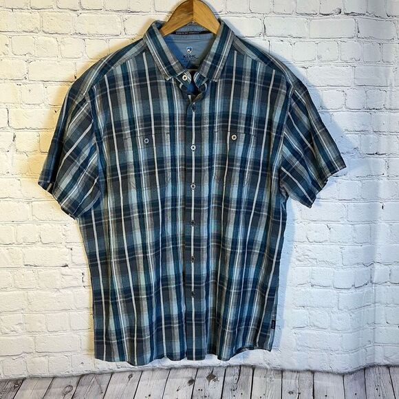 Kuhl Skorpio Plaid Button Down Shirt Mens XXL Hiking Short Sleeve Blue Gray - Picture 1 of 8